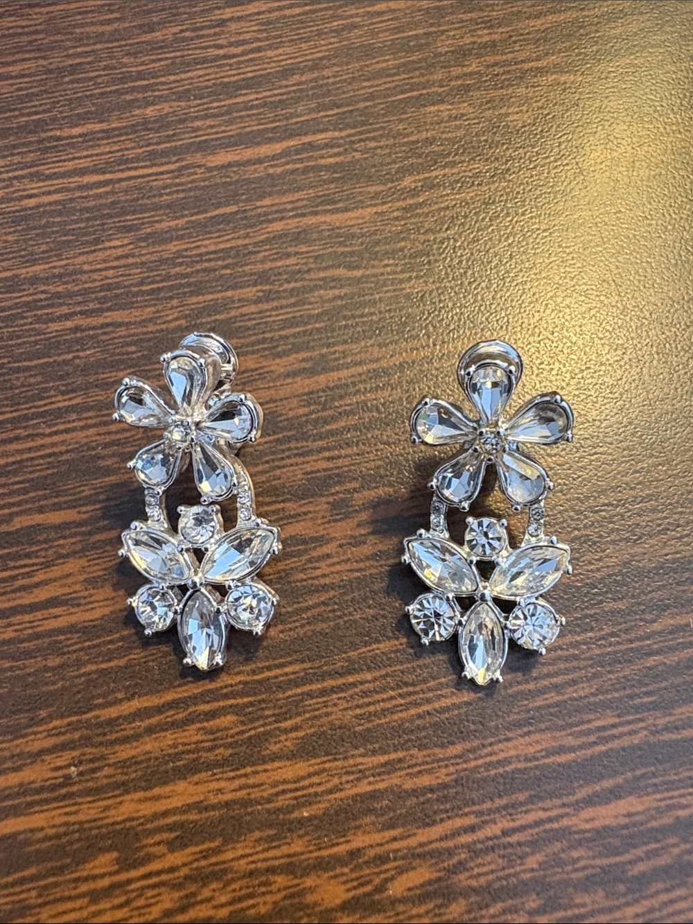 Silver Tone Rhinestone Floral Drop Earrings | Bridal Glam Clip-On Statement